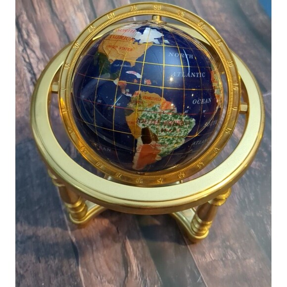 Semi Precious Stone Spinning Globe 9.5" w/ Compass‎ 4-Leg Stand Blue Lapis Style - Picture 1 of 9